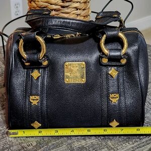 MCM Mini Black Leather Dome Satchel with Gold Accents